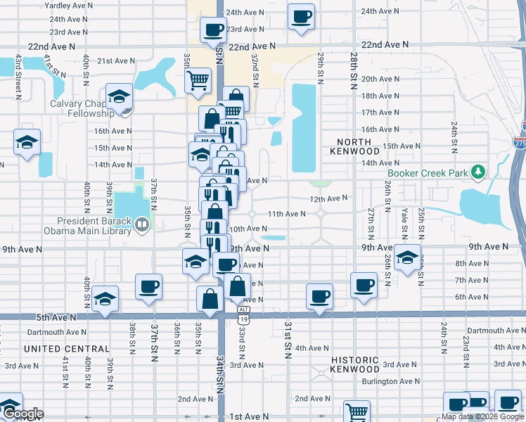 map of restaurants, bars, coffee shops, grocery stores, and more near 3187 11th Avenue North in St. Petersburg