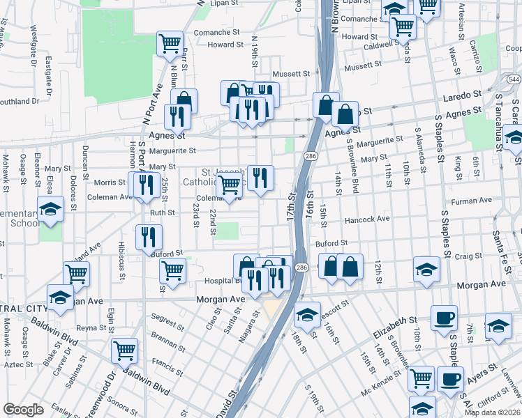 map of restaurants, bars, coffee shops, grocery stores, and more near 816 S 19th St in Corpus Christi