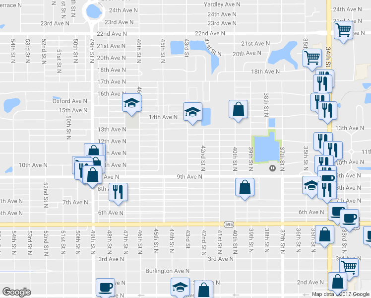 map of restaurants, bars, coffee shops, grocery stores, and more near 4301 11th Avenue North in St. Petersburg
