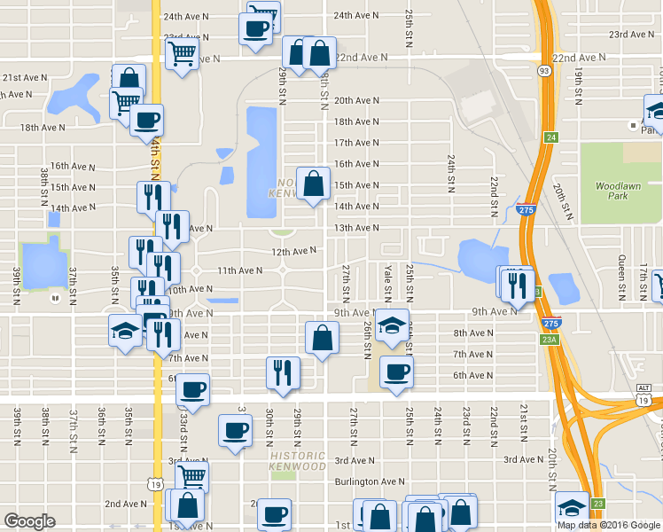 map of restaurants, bars, coffee shops, grocery stores, and more near 1101 28th Street North in St. Petersburg