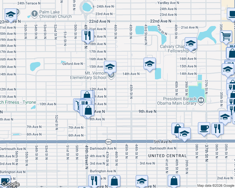 map of restaurants, bars, coffee shops, grocery stores, and more near 4553 11th Avenue North in St. Petersburg