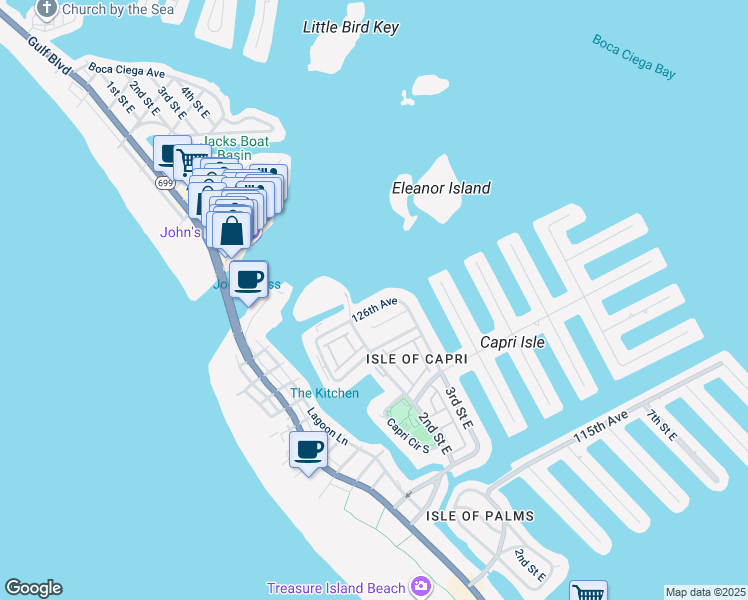 map of restaurants, bars, coffee shops, grocery stores, and more near 126TH 112th Avenue A in Treasure Island