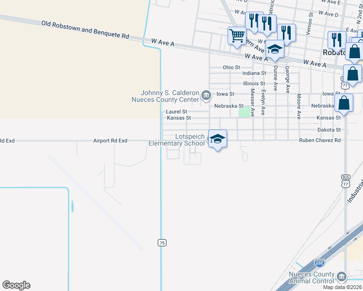 map of restaurants, bars, coffee shops, grocery stores, and more near 1004 John Wayne Drive in Robstown