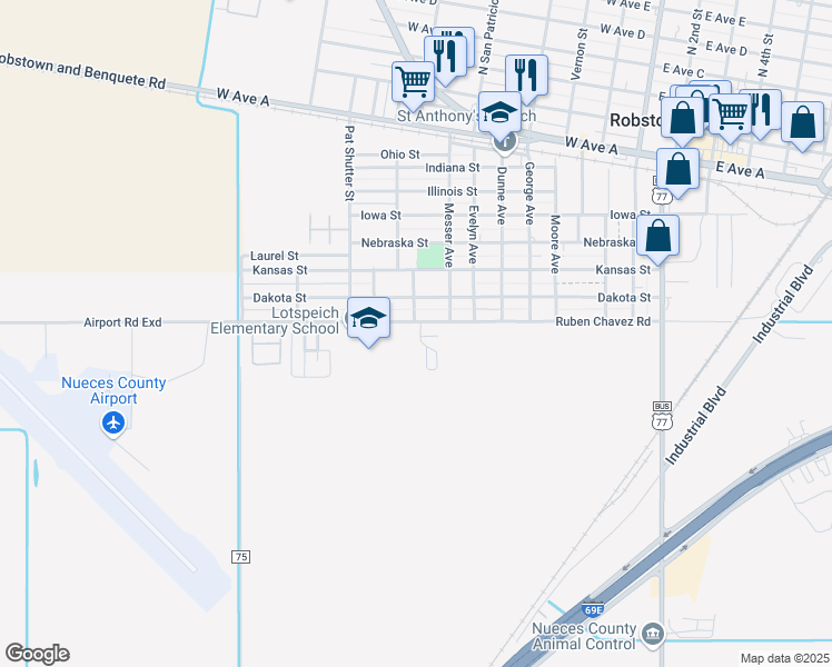 map of restaurants, bars, coffee shops, grocery stores, and more near 1000 Ruben Chavez Road in Robstown