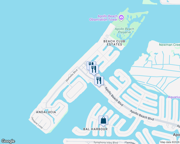 map of restaurants, bars, coffee shops, grocery stores, and more near 6412 Margarita Shores Lane in Apollo Beach