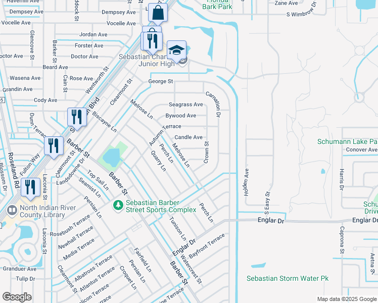 map of restaurants, bars, coffee shops, grocery stores, and more near 462 Kendall Avenue in Sebastian