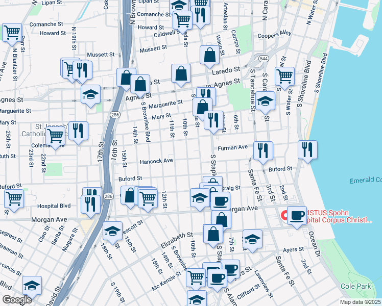 map of restaurants, bars, coffee shops, grocery stores, and more near 918 10th St in Corpus Christi
