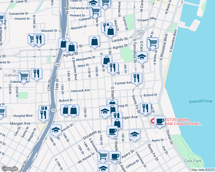 map of restaurants, bars, coffee shops, grocery stores, and more near 912 South Alameda Street in Corpus Christi