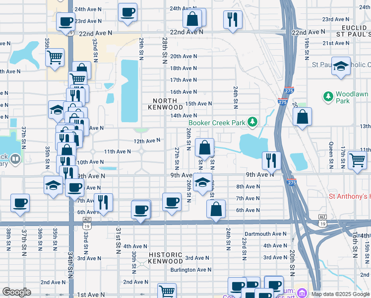 map of restaurants, bars, coffee shops, grocery stores, and more near 1054 26th Street North in St. Petersburg