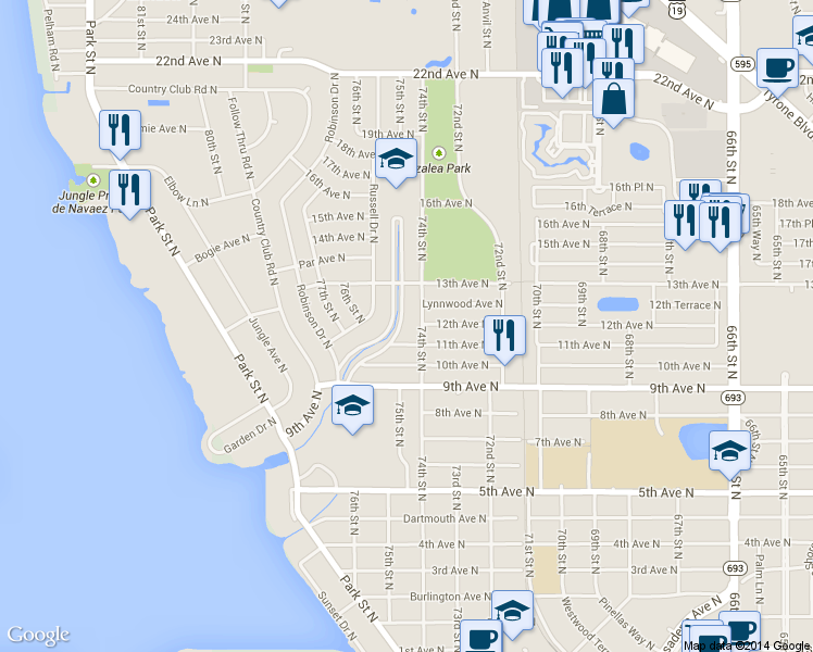 map of restaurants, bars, coffee shops, grocery stores, and more near 1119 Farragut Dr N in St Petersburg