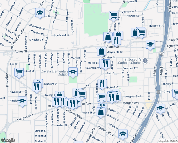 map of restaurants, bars, coffee shops, grocery stores, and more near 2930 Ruth Street in Corpus Christi