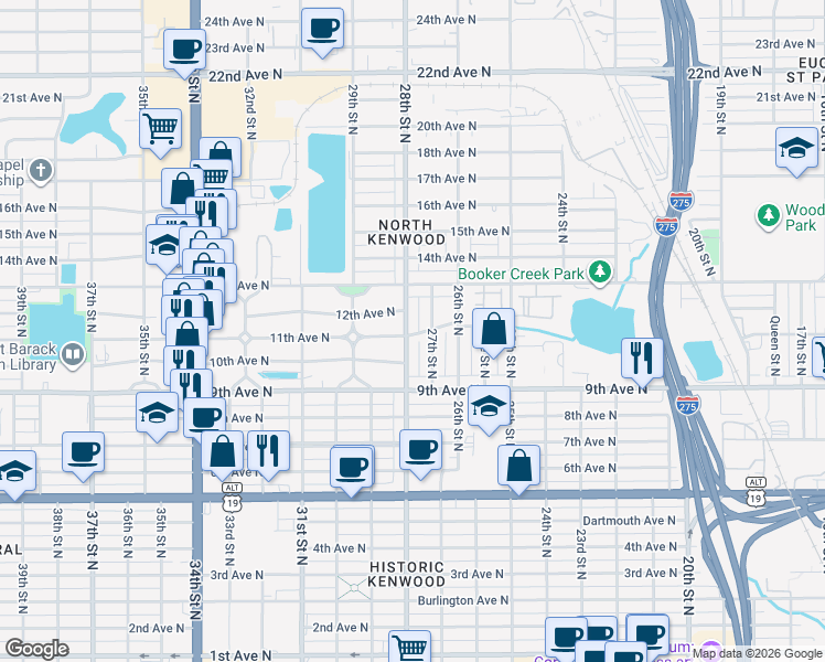 map of restaurants, bars, coffee shops, grocery stores, and more near 1101 28th Street North in St. Petersburg