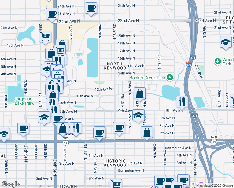 map of restaurants, bars, coffee shops, grocery stores, and more near 1101 28th Street North in St. Petersburg