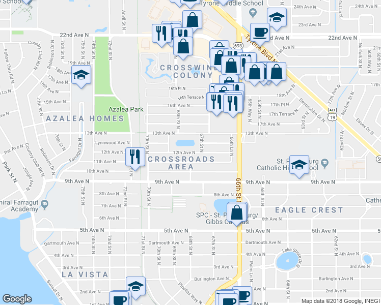 map of restaurants, bars, coffee shops, grocery stores, and more near 1101 68th Street North in Saint Petersburg