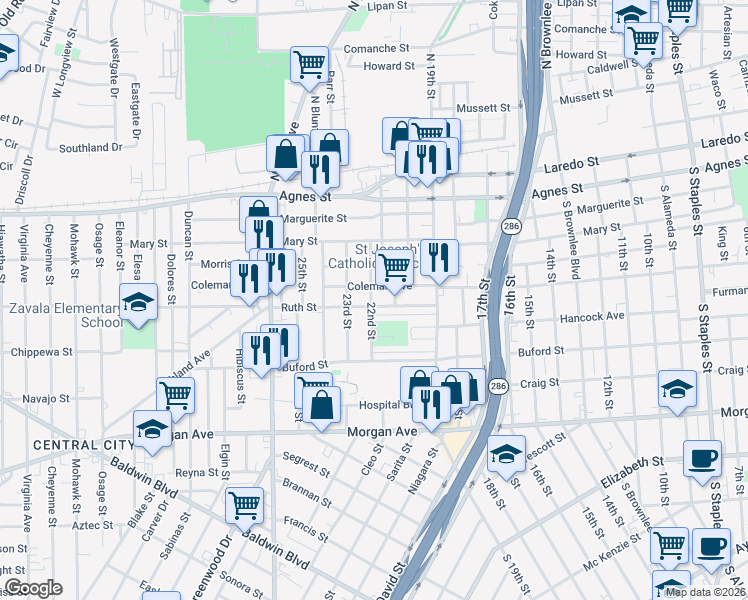 map of restaurants, bars, coffee shops, grocery stores, and more near 2424 Ruth Street in Corpus Christi