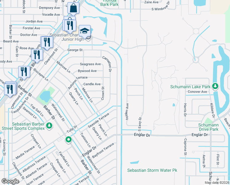 map of restaurants, bars, coffee shops, grocery stores, and more near 965 Carnation Drive in Sebastian