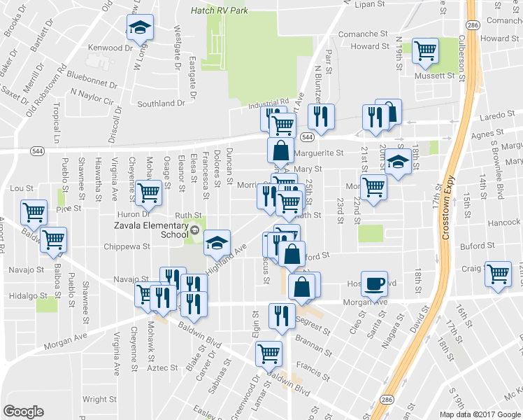 map of restaurants, bars, coffee shops, grocery stores, and more near 2838 Ruth Street in Corpus Christi
