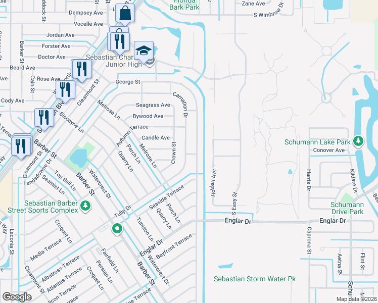 map of restaurants, bars, coffee shops, grocery stores, and more near 965 Carnation Drive in Sebastian