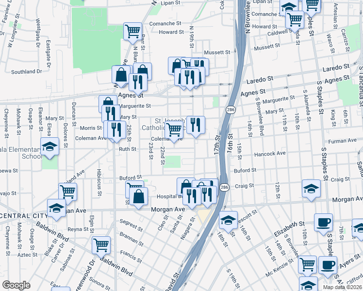 map of restaurants, bars, coffee shops, grocery stores, and more near 2306 Ruth Street in Corpus Christi