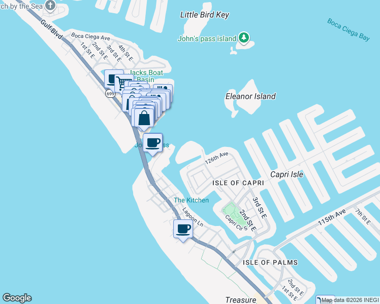map of restaurants, bars, coffee shops, grocery stores, and more near 1 Key Capri in Treasure Island