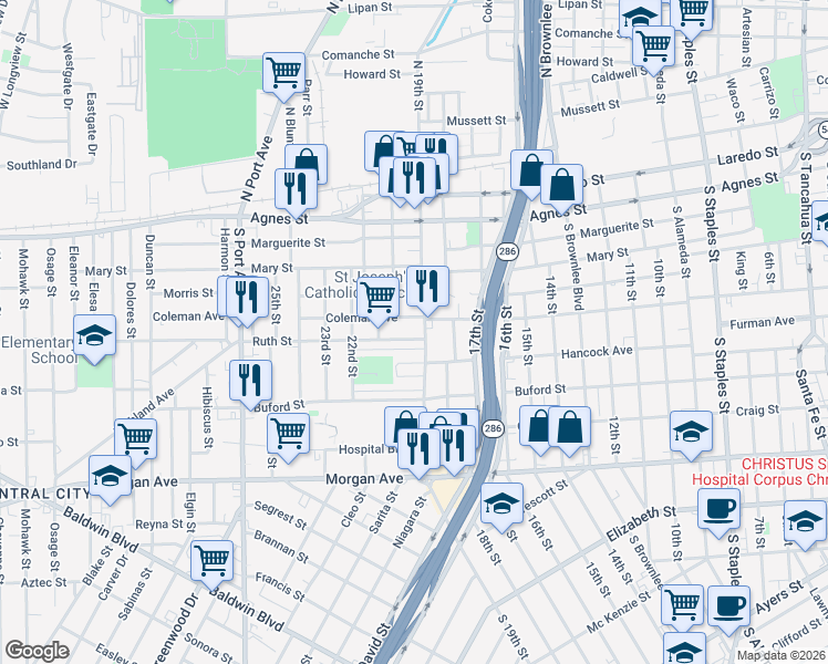 map of restaurants, bars, coffee shops, grocery stores, and more near 816 South 19th Street in Corpus Christi