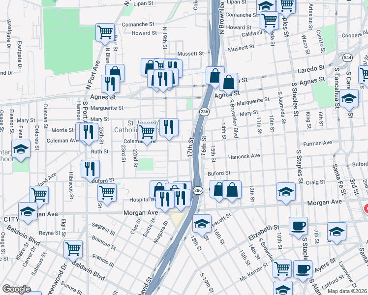 map of restaurants, bars, coffee shops, grocery stores, and more near 809 17th Street in Corpus Christi