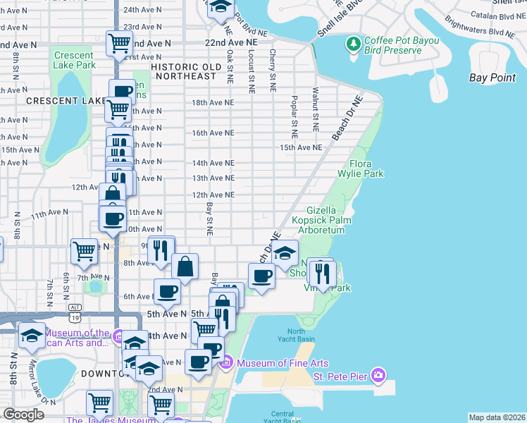 map of restaurants, bars, coffee shops, grocery stores, and more near 11th Avenue Northeast in St. Petersburg