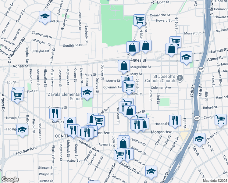 map of restaurants, bars, coffee shops, grocery stores, and more near 2838 Ruth Street in Corpus Christi