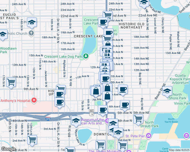 map of restaurants, bars, coffee shops, grocery stores, and more near 520 11th Avenue North in St. Petersburg