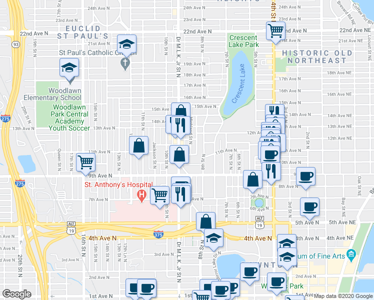 map of restaurants, bars, coffee shops, grocery stores, and more near 1115 Highland Street North in St. Petersburg