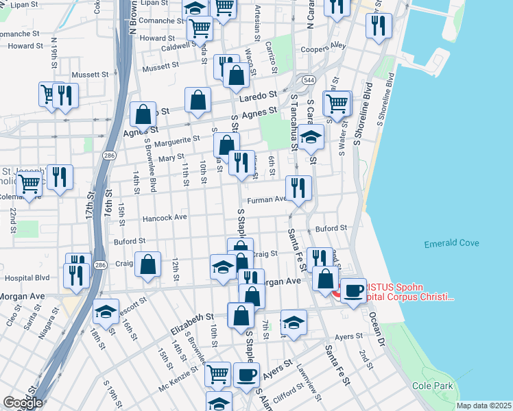 map of restaurants, bars, coffee shops, grocery stores, and more near 1005 Furman Avenue in Corpus Christi