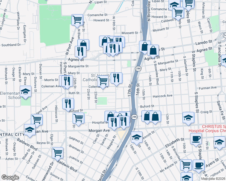 map of restaurants, bars, coffee shops, grocery stores, and more near 816 South 19th Street in Corpus Christi