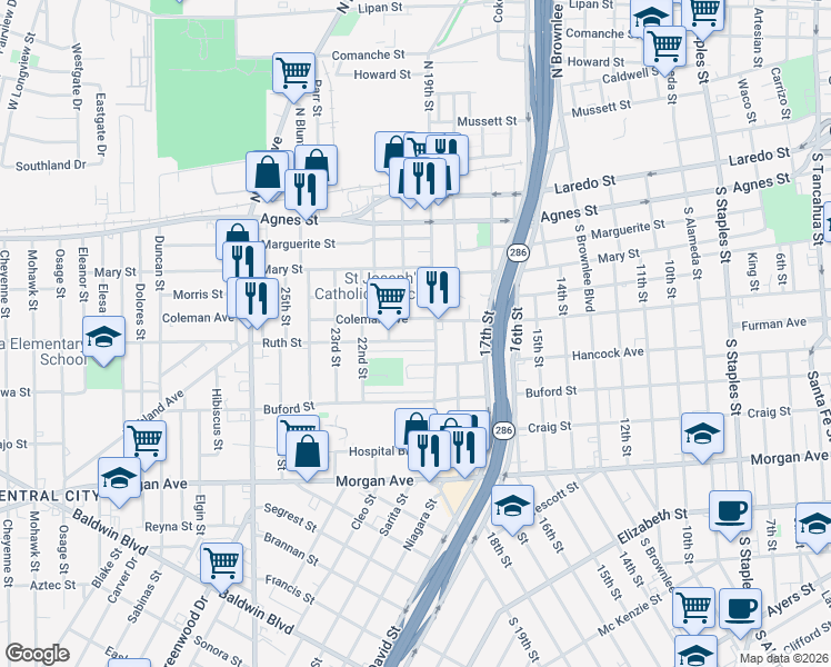 map of restaurants, bars, coffee shops, grocery stores, and more near 2306 Ruth Street in Corpus Christi