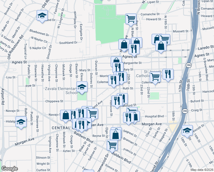 map of restaurants, bars, coffee shops, grocery stores, and more near 2838 Ruth Street in Corpus Christi