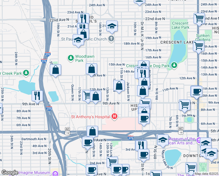 map of restaurants, bars, coffee shops, grocery stores, and more near 1101 13th Street North in Saint Petersburg