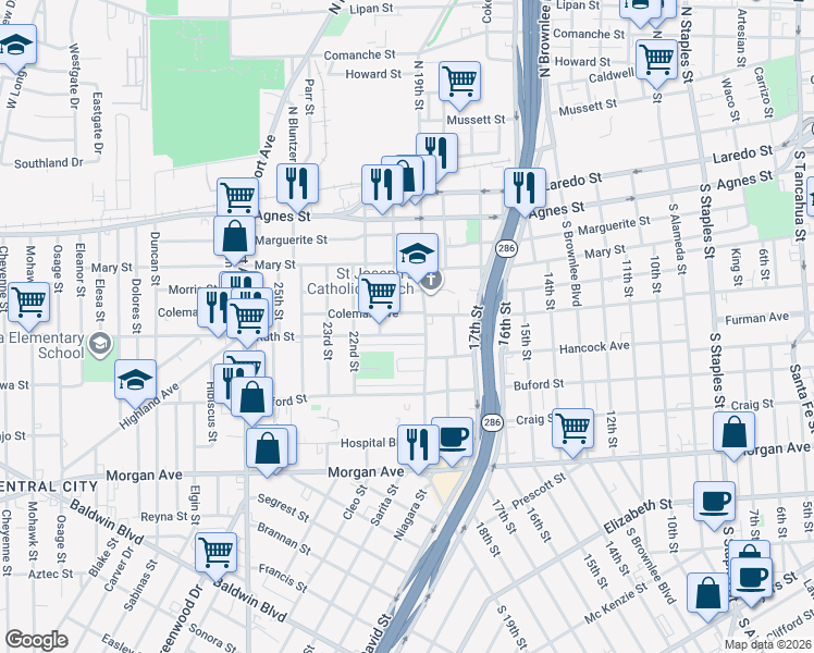 map of restaurants, bars, coffee shops, grocery stores, and more near 2306 Ruth Street in Corpus Christi