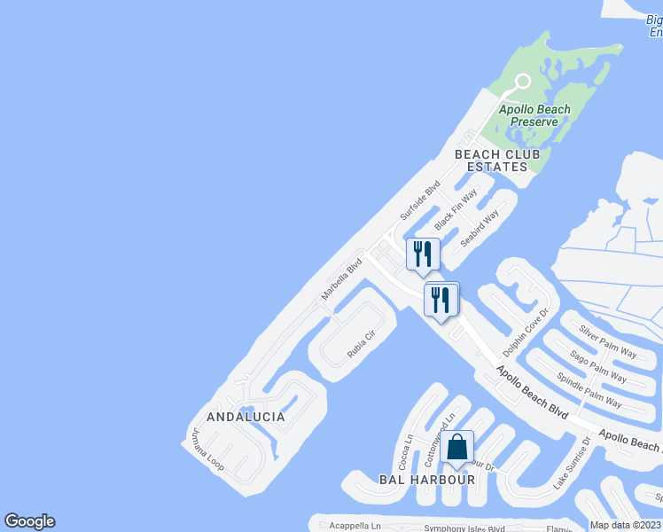 map of restaurants, bars, coffee shops, grocery stores, and more near 6416 Bright Bay Court in Apollo Beach