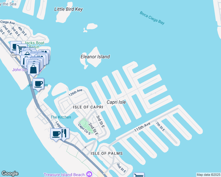 map of restaurants, bars, coffee shops, grocery stores, and more near 12300 5th Street East in Treasure Island