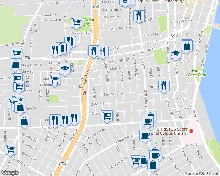map of restaurants, bars, coffee shops, grocery stores, and more near 902 South Brownlee Boulevard in Corpus Christi