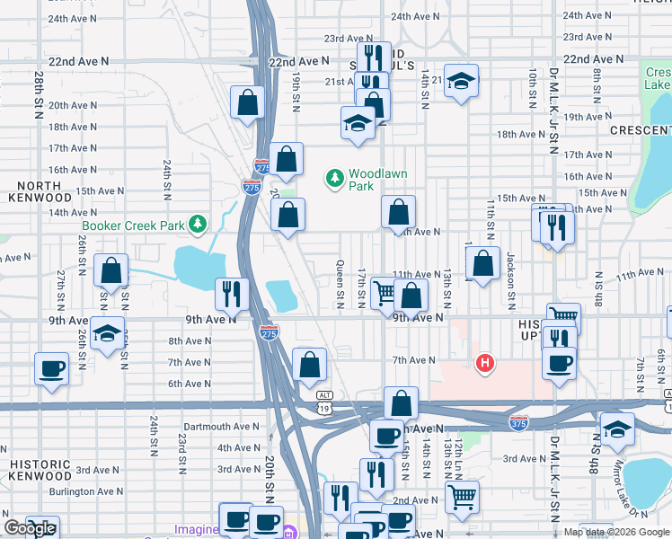 map of restaurants, bars, coffee shops, grocery stores, and more near 1751 11th Avenue North in St. Petersburg