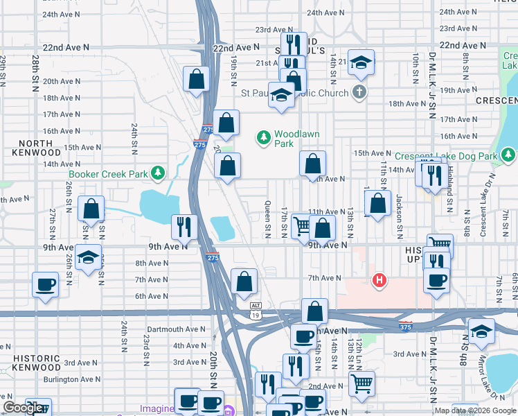 map of restaurants, bars, coffee shops, grocery stores, and more near 1751 11th Avenue North in St. Petersburg
