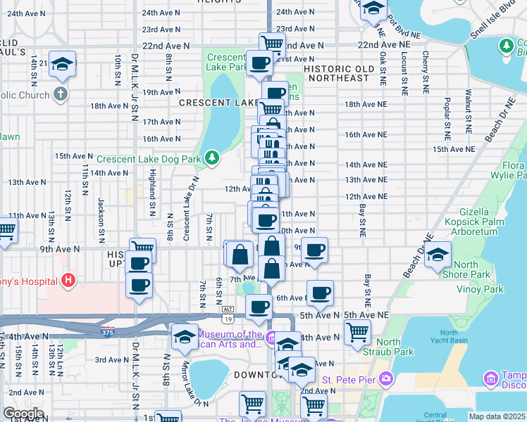 map of restaurants, bars, coffee shops, grocery stores, and more near 451 Joyce Terrace North in St. Petersburg