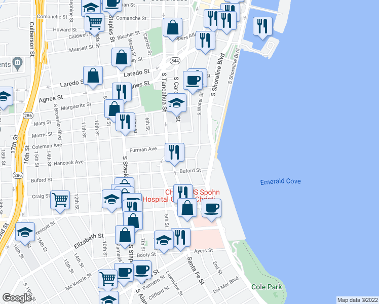 map of restaurants, bars, coffee shops, grocery stores, and more near 522 Hancock Avenue in Corpus Christi