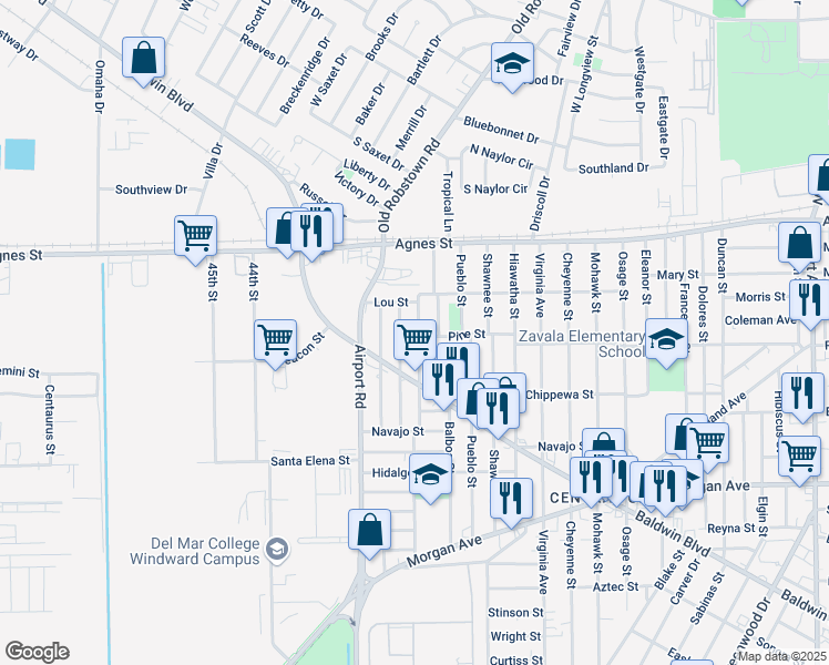 map of restaurants, bars, coffee shops, grocery stores, and more near 3925 Pine Street in Corpus Christi