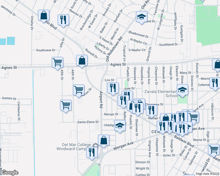 map of restaurants, bars, coffee shops, grocery stores, and more near 242 Vera Cruz Street in Corpus Christi
