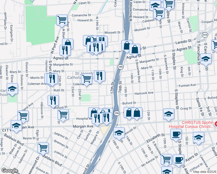 map of restaurants, bars, coffee shops, grocery stores, and more near 809 17th Street in Corpus Christi