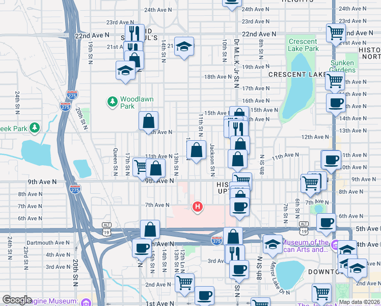 map of restaurants, bars, coffee shops, grocery stores, and more near 1100 11th Street North in St. Petersburg