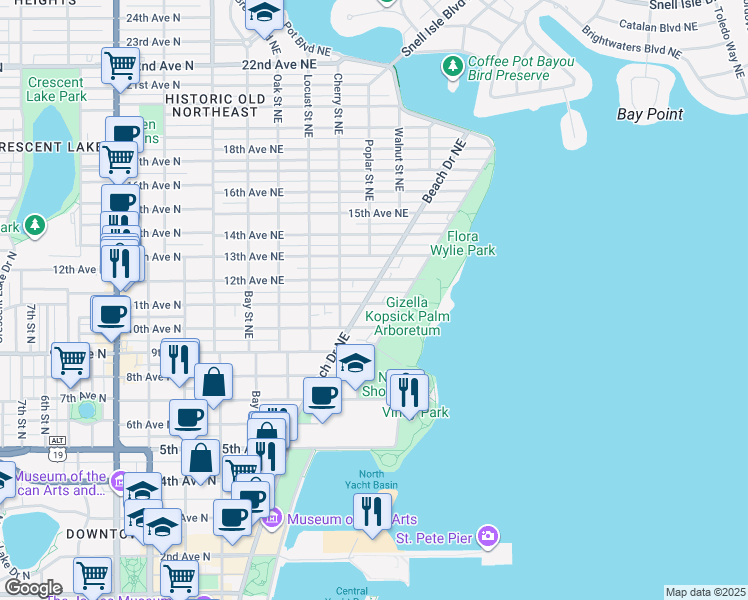 map of restaurants, bars, coffee shops, grocery stores, and more near 605 11th Avenue Northeast in St. Petersburg
