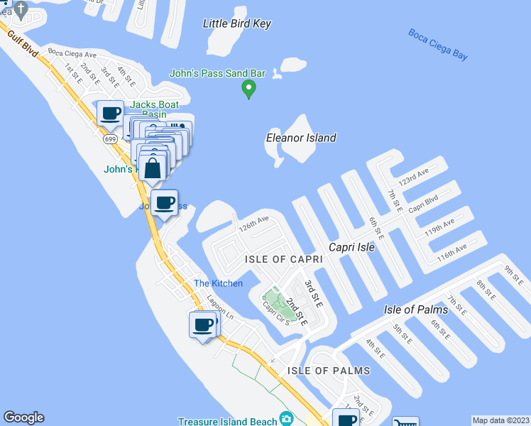 map of restaurants, bars, coffee shops, grocery stores, and more near 126TH 112th Avenue A in Treasure Island