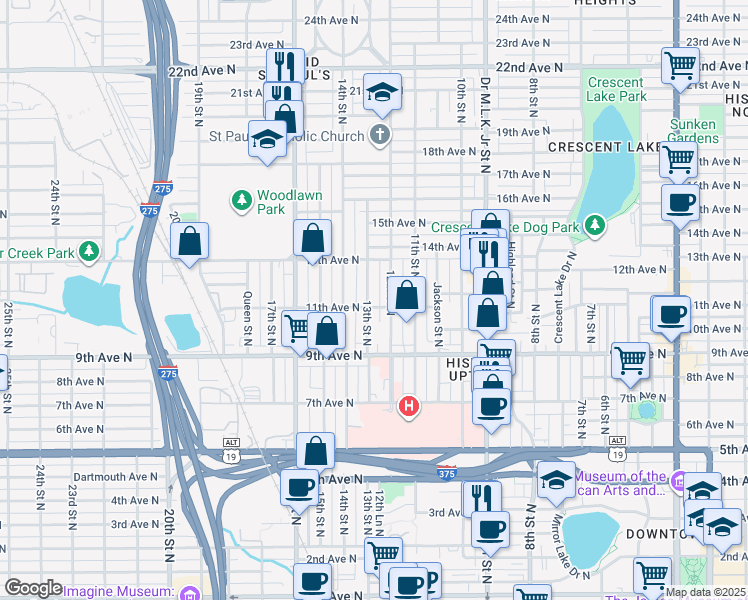 map of restaurants, bars, coffee shops, grocery stores, and more near 1101 13th Street North in St. Petersburg